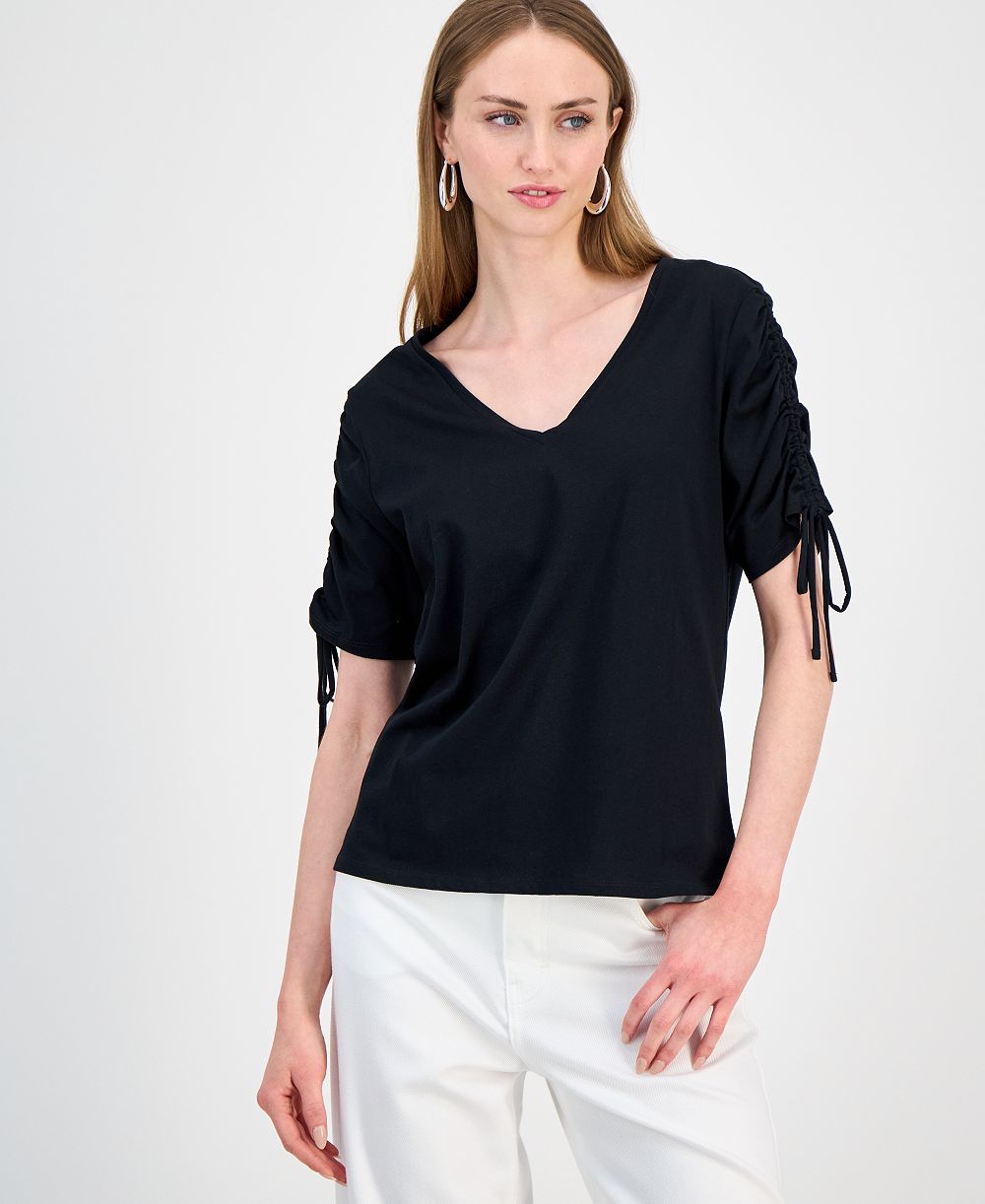 Женский хлопковый T-shirt I.N.C. International Concepts с драпировкой на рукавах