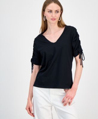 Женский хлопковый T-shirt I.N.C. International Concepts с драпировкой на рукавах