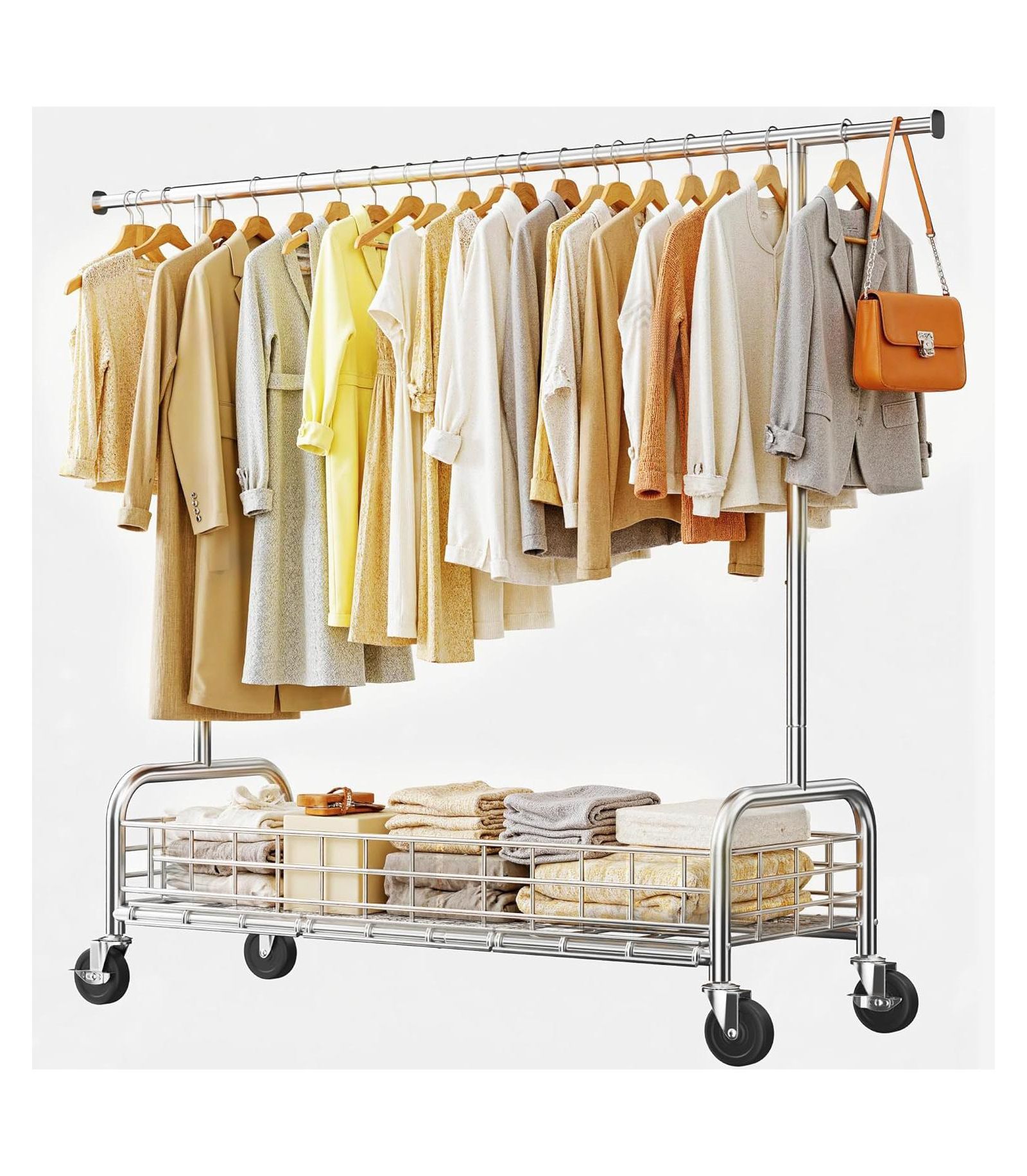 Raybee Rolling Clothing Rack with Storage Basket and Sturdy Wheels, Clothing Racks for Hanging Clothes, Wardrobe Closet Rack for Bedroom, Boutiques