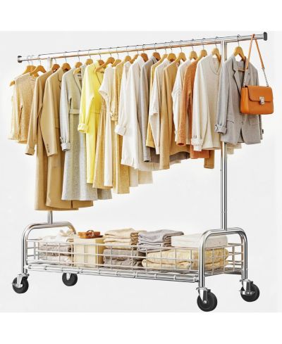 Raybee Rolling Clothing Rack with Storage Basket and Sturdy Wheels, Clothing Racks for Hanging Clothes, Wardrobe Closet Rack for Bedroom, Boutiques