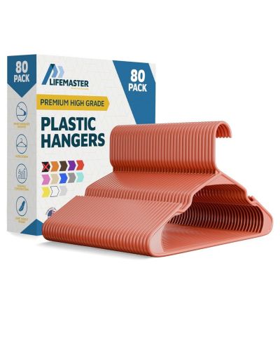 Lifemaster heavy-duty plastic hangers for clothes, dresses & coats non-slip grooves, space-saving design, holds 5 lbs 80-pack, dark brown.