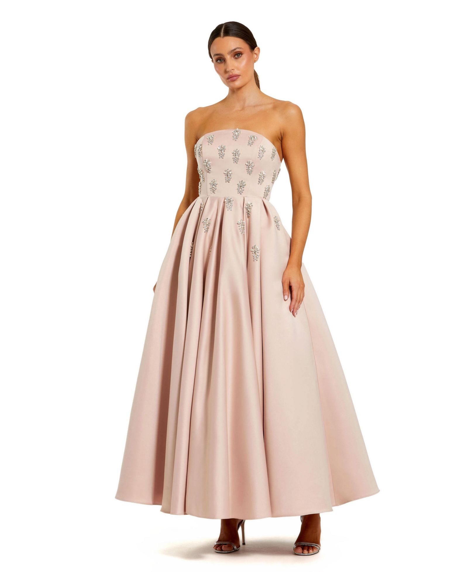 Женское атласное платье А-силуэта Mac Duggal с кристаллами, без бретелек