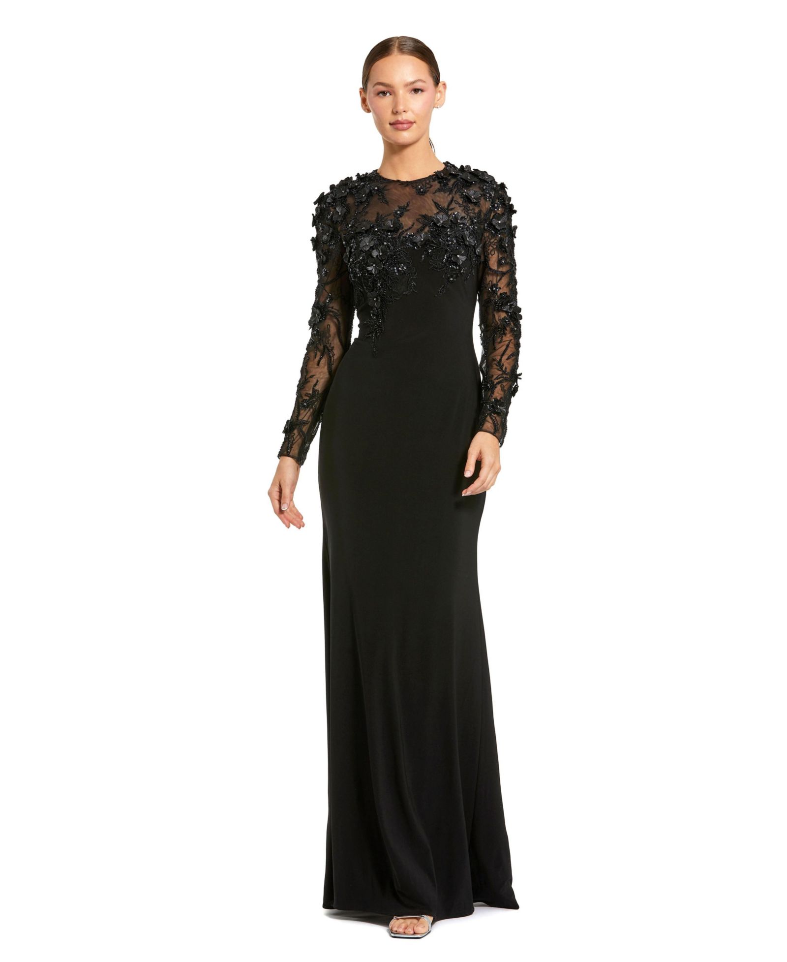 Mac Duggal Женское облегающее вечернее платье с длинным рукавом и цветочной вышивкой бисером