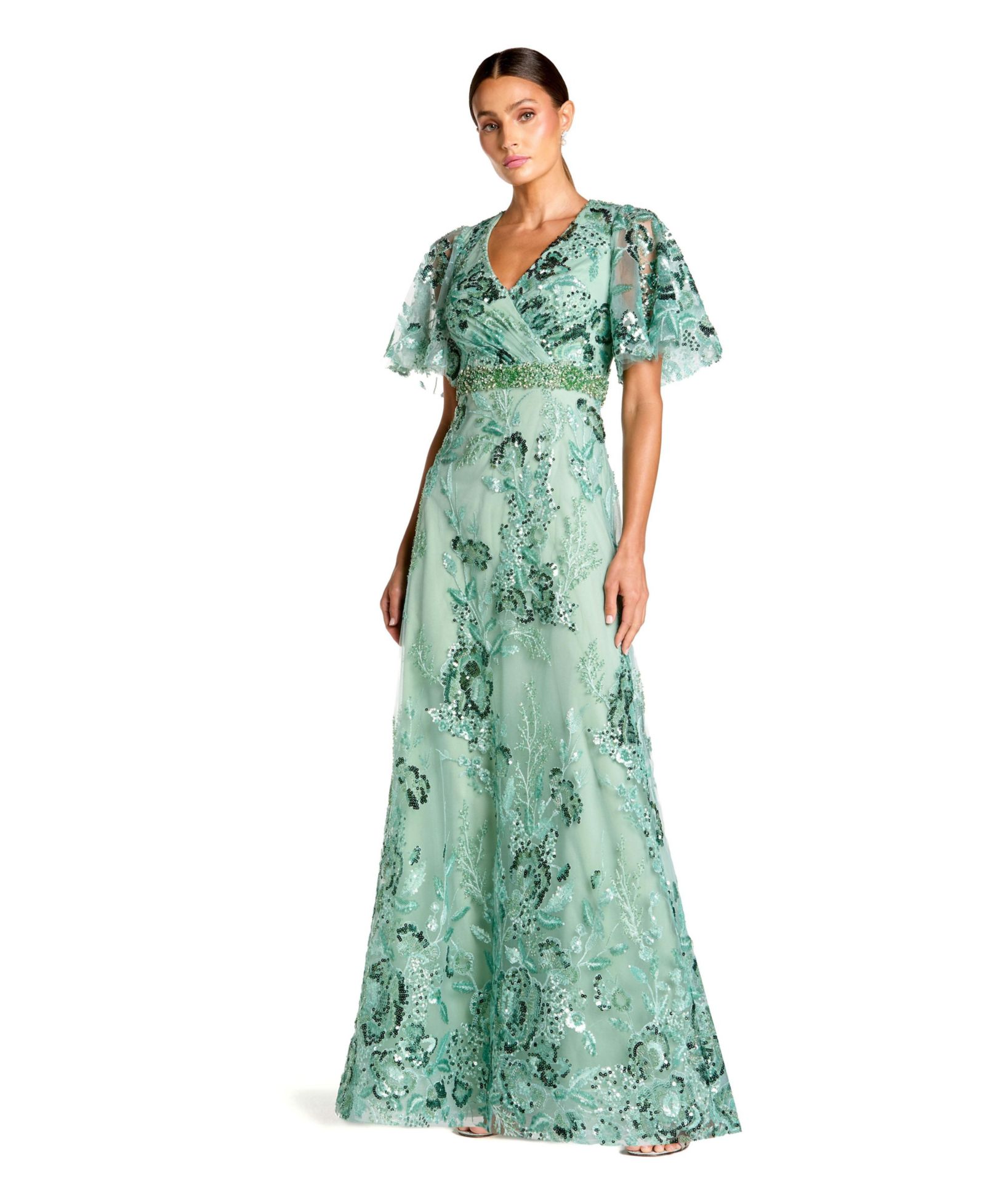 Женское вечернее платье Mac Duggal Floral Embellished Short Sleeve Faux Wrap