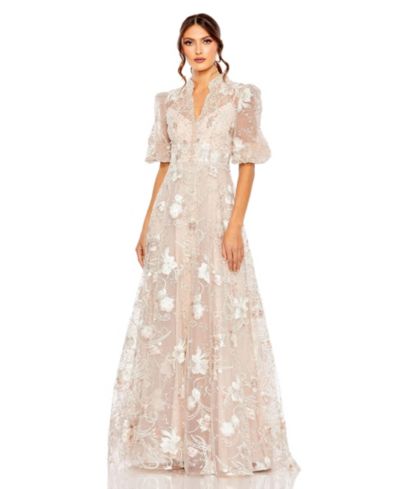 Mac Duggal Women's Embroidered Queen Anne Puff Sleeve A-Line Gown