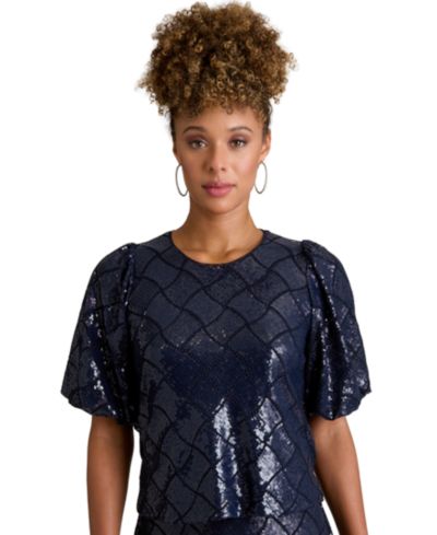 Muse Women's Jewel Neck Bubble-Sleeve Top
