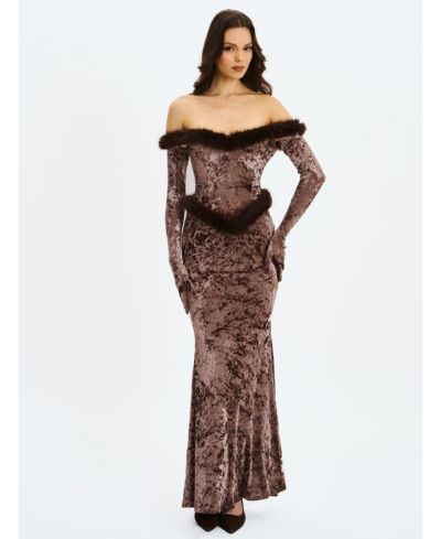 Miss Circle Women's Tessa Coffee Sweetheart Bardot Faux Fur Velvet Mermaid Maxi Dress
