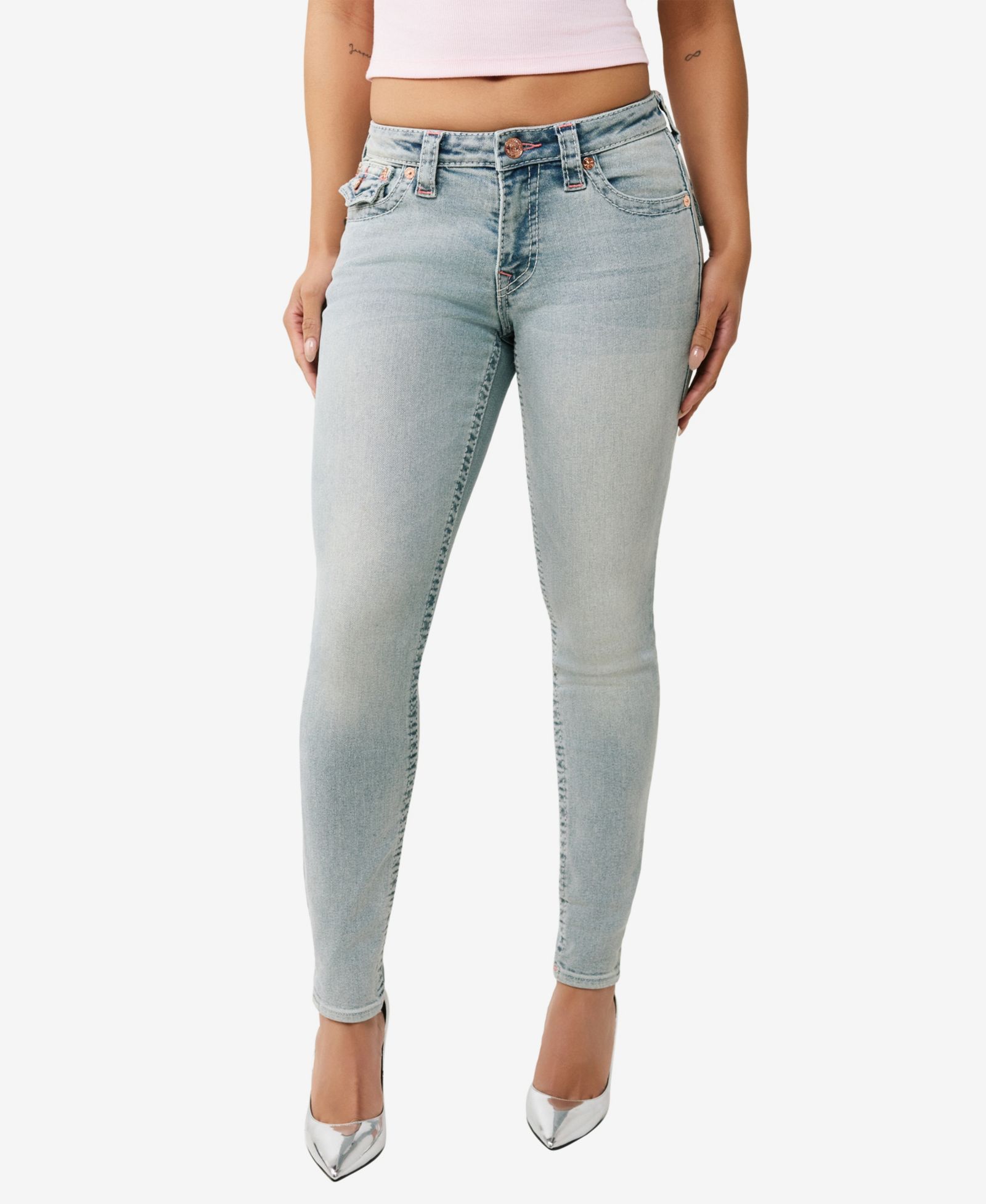 True Religion Women's Jennie Mid-Rise Skinny Big T Flap Jeans