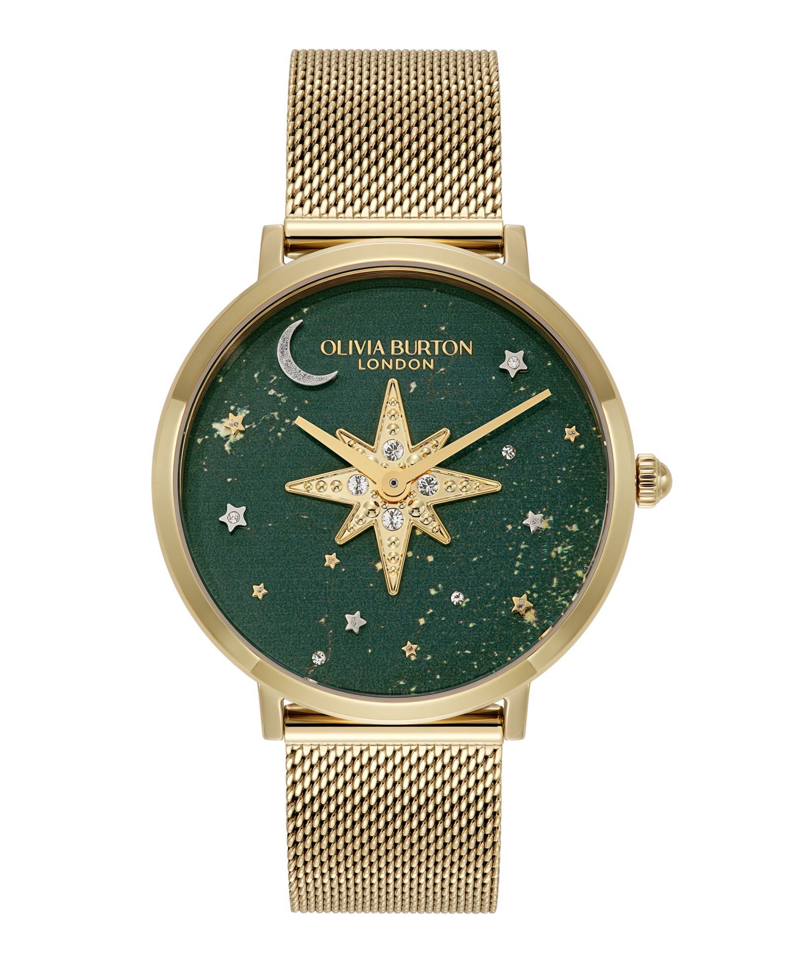 Женские часы Olivia Burton Celestial Nova Gold Tone Stainless Steel Mesh Bracelet Watch, 35mm