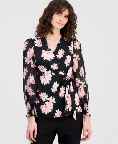 Anne Klein Женский Floral-Print Smocked-Cuff Wrap Top