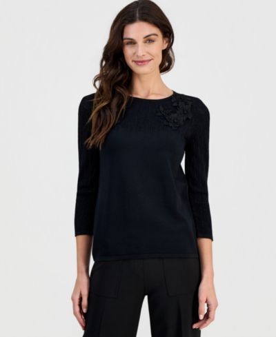 Anne Klein Women's Boat-Neck Floral-Applique Sweater