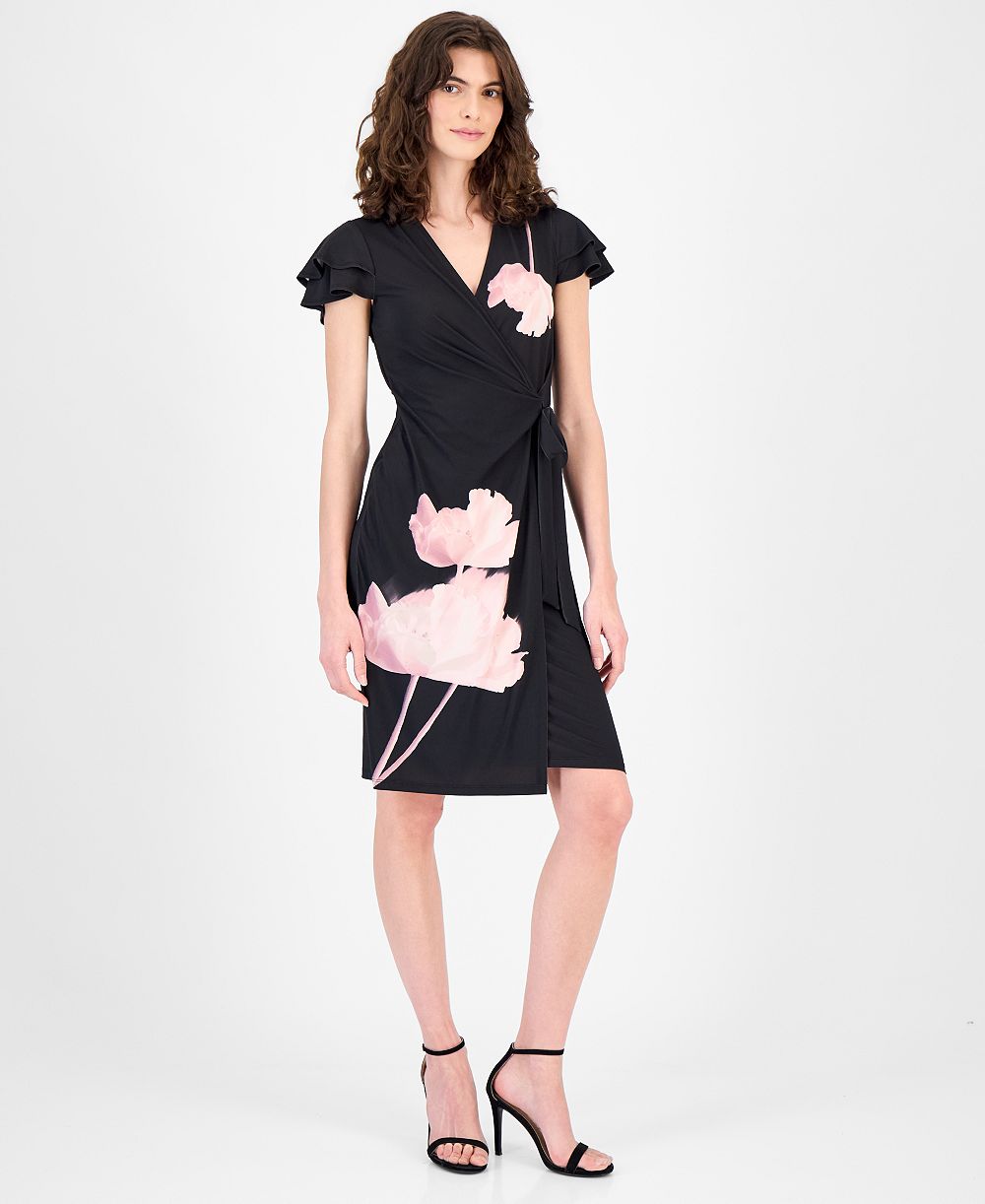 Anne Klein Women's Flutter-Sleeve Faux-Wrap Dress