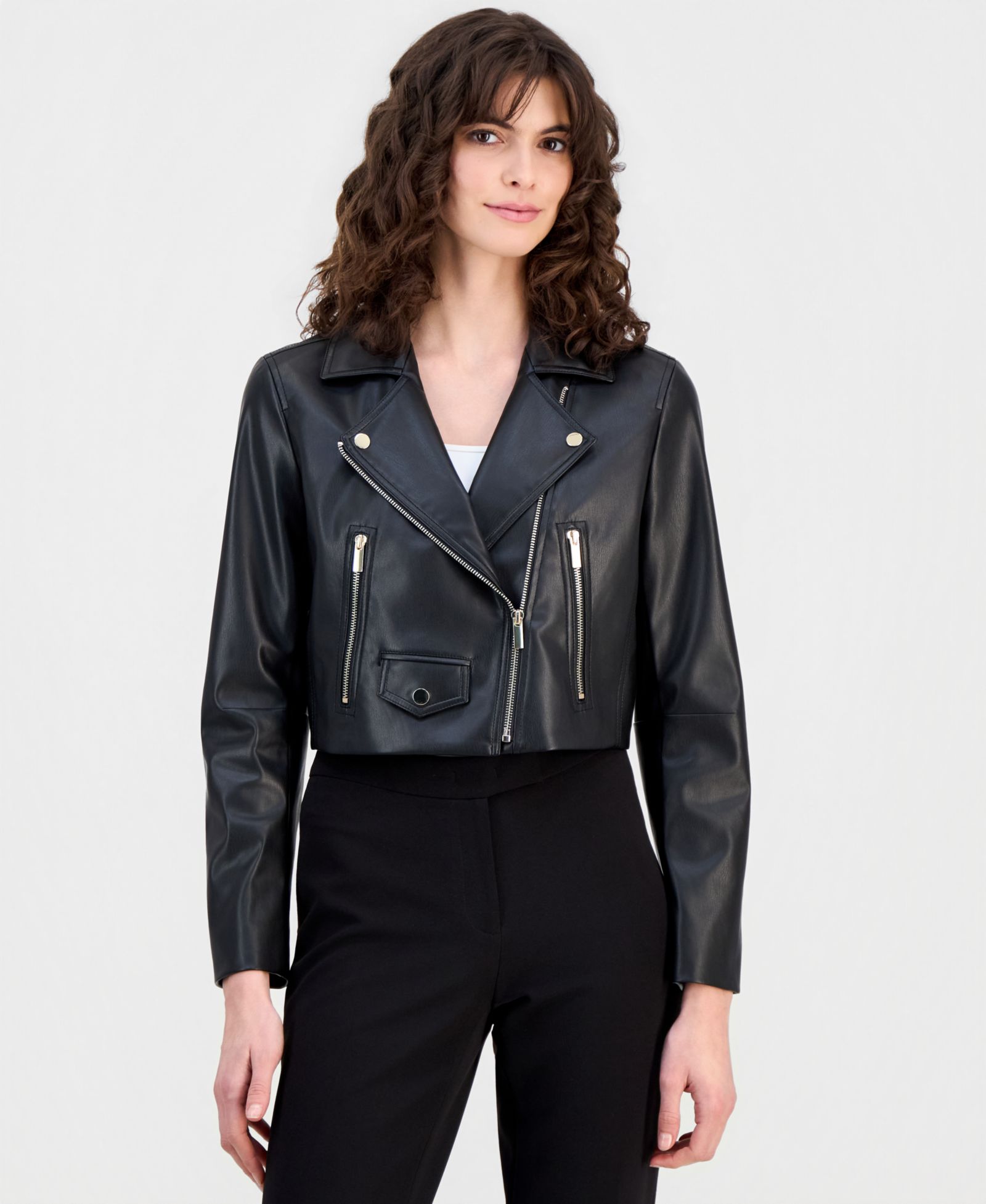 Anne Klein Women's Faux Leather Cropped Moto Jacket
