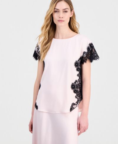 Женский топ Anne Klein из атласа с кружевной отделкой и коротким рукавом