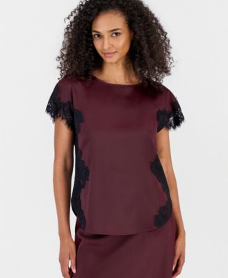 Anne Klein Women's Short-Sleeve Lace-Trim Satin Top