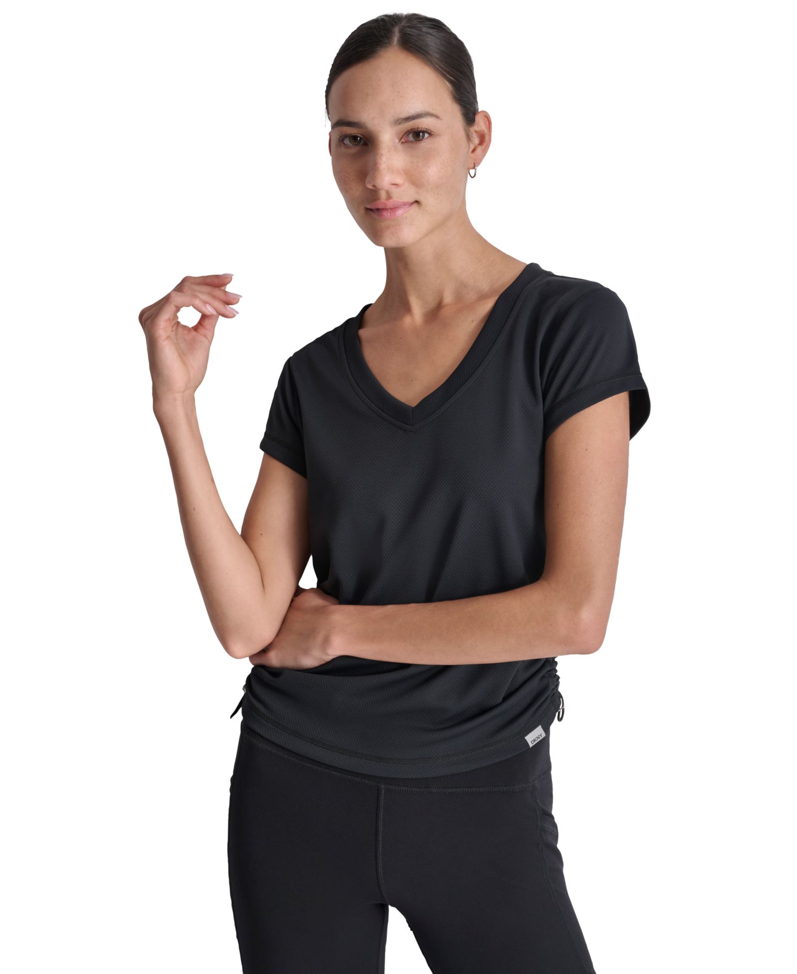 DKNY Sport Women's Ruched Side Seams V-Neck Tech T-Shirt