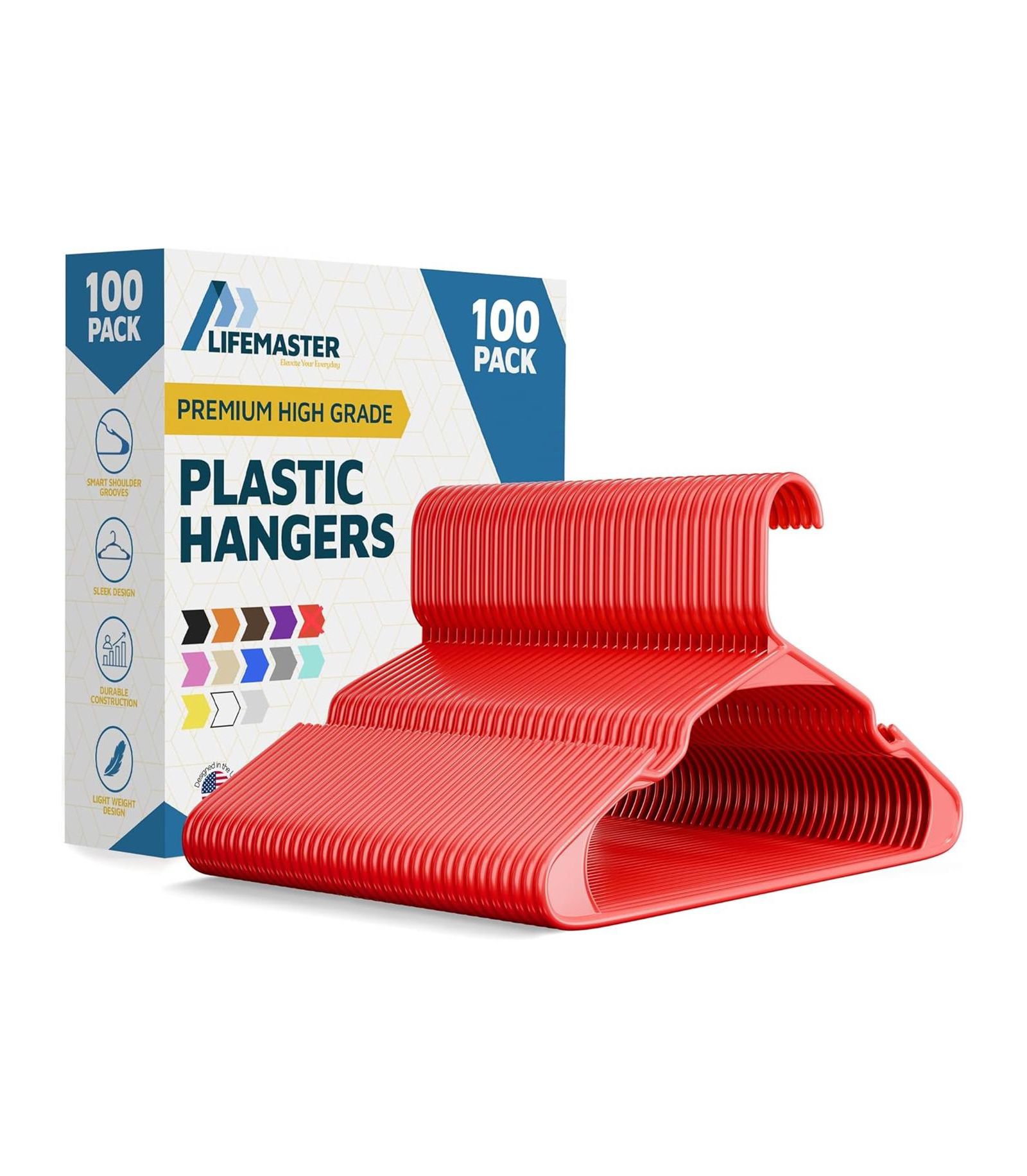 Lifemaster Heavy-duty red plastic hangers with non-slip shoulder grooves space-saving design .Pack of 100 for organizing clothes and coats