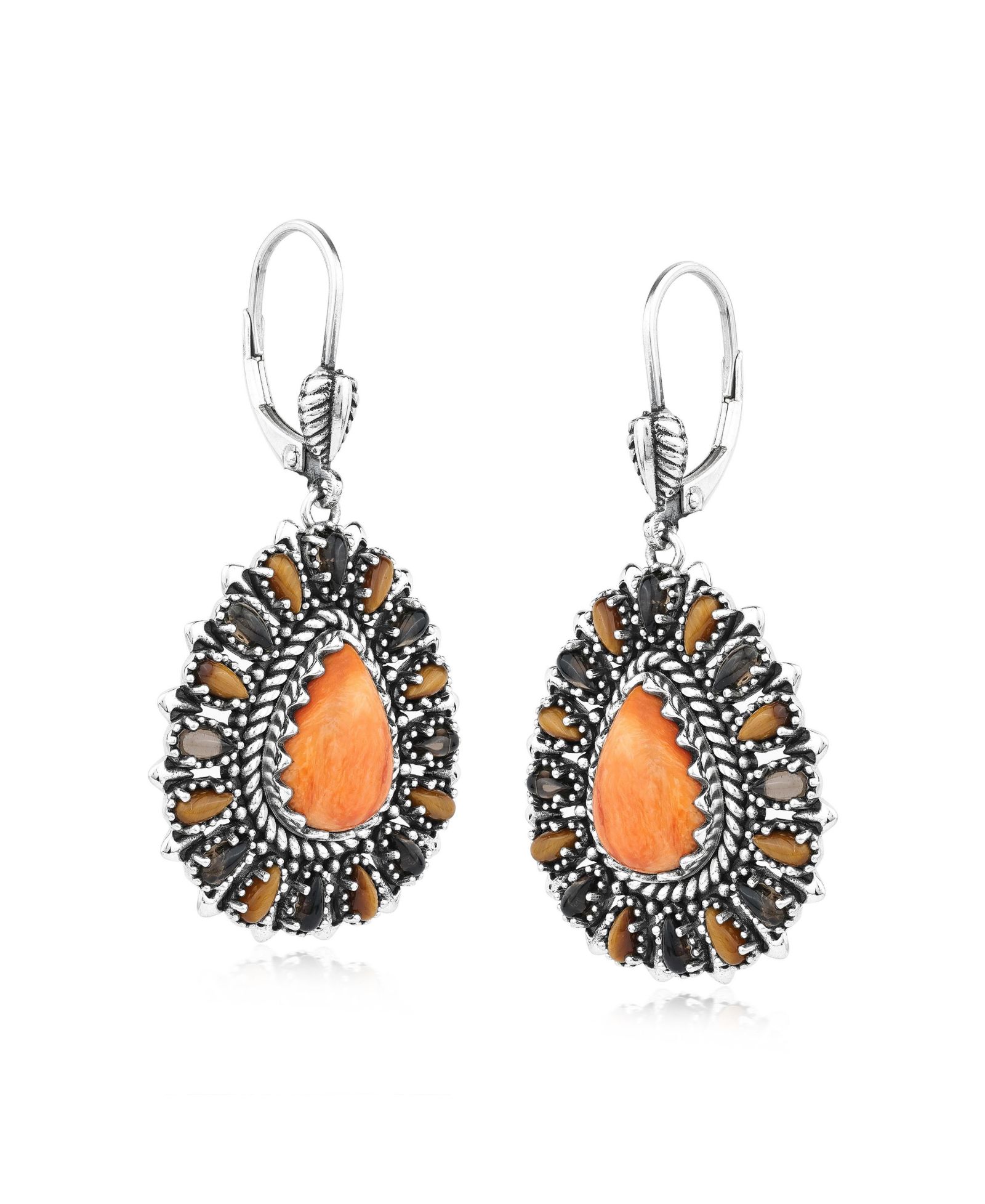 Серьги-подвески American West Jewelry Sterling Silver Orange Spiny Oyster, Tiger's Eye и Smoky Quartz Cluster Pear Shaped