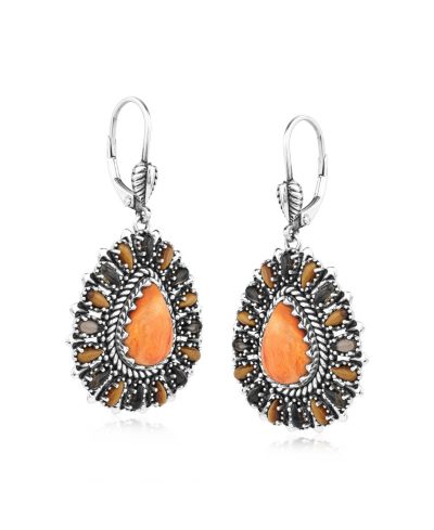 Серьги-подвески American West Jewelry Sterling Silver Orange Spiny Oyster, Tiger's Eye и Smoky Quartz Cluster Pear Shaped