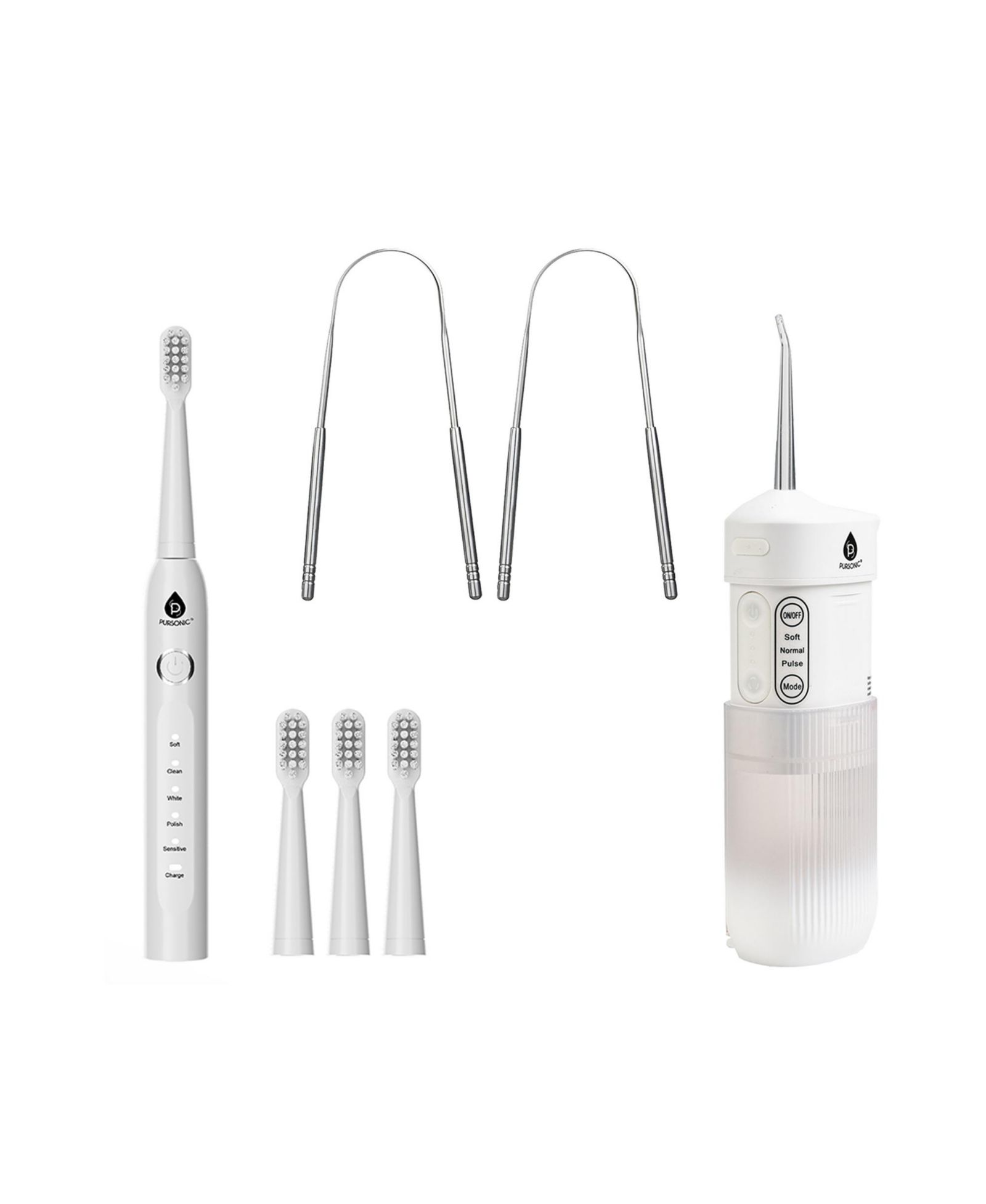PURSONIC Complete Oral Care Bundle: Rechargeable Toothbrush, Water Flosser and Tongue Scraper