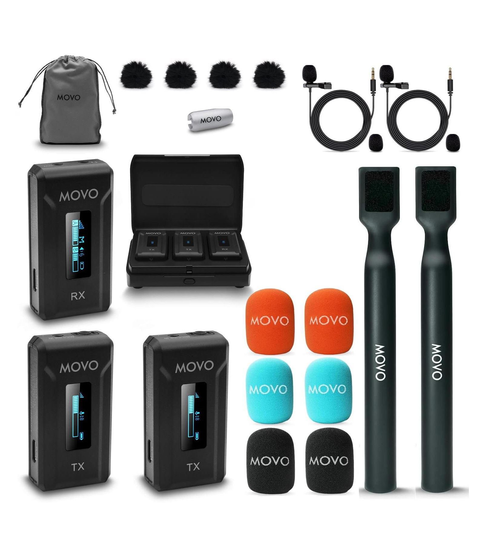 Movo WMX-2-DUO Dual Microphone Compact Wireless System with Handheld Extension Mounts - Mini Wireless Lavalier Microphones for Cameras with Mic