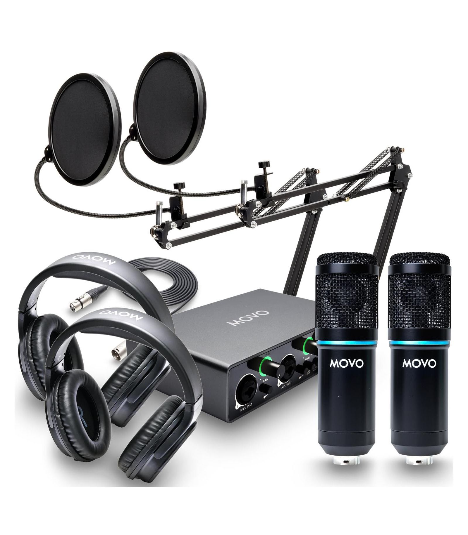 Movo PodKit2AH Dual-Channel USB Audio Interface Podcast Equipment Bundle with 2 Condenser Microphones for Computers