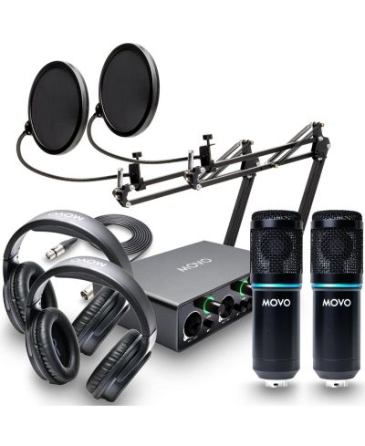 Movo PodKit2AH Dual-Channel USB Audio Interface Podcast Equipment Bundle with 2 Condenser Microphones for Computers