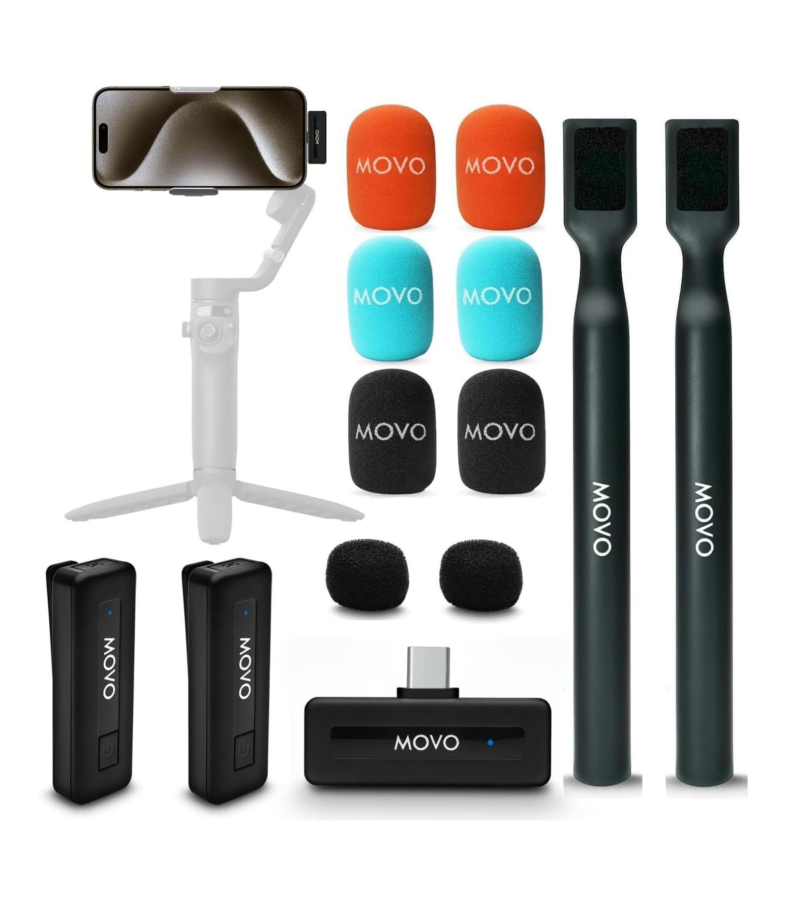 Movo Wireless Mini UC Duo Ultra Compact Lavalier Microphones for iPhone 15 and Up with Handheld Adapter