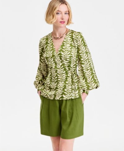 I.N.C. International Concepts Women's Printed Blouson-Sleeve Wrap Blouse, Macy's Exclusive