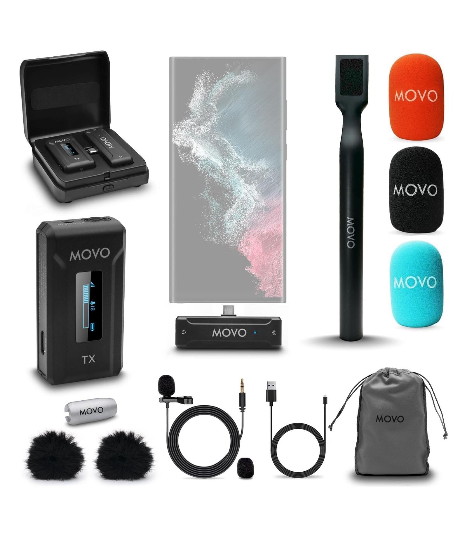 Movo WMX-2-C Wireless Lavalier Microphone System for iPhone 15, Android, and USB-C Devices, 3-Piece Set