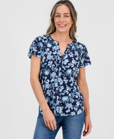 Женский топ Style & Co Petite Printed Button-Front Flutter-Sleeve