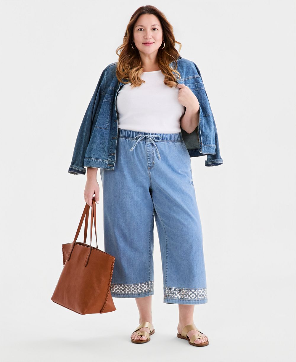 Style & Co Plus Size Sequined Pull-On High-Rise Cropped Wide Leg Jeans, Macy's Exclusive