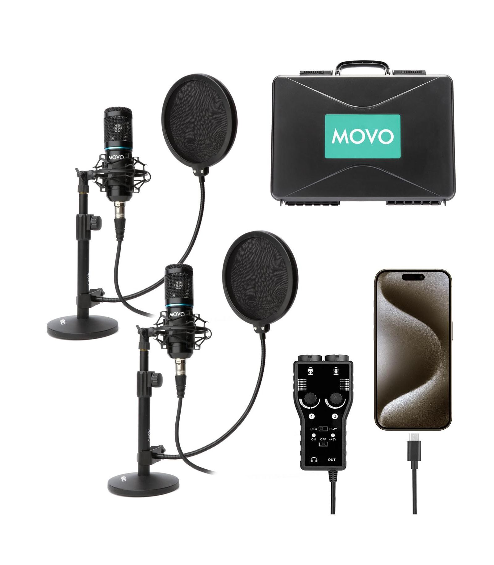 Movo iPhone 15/16 Cardioid Condenser USB-C Microphone with Pop Filter Podcast Bundle, Compatible with iPhone 15/16, iPad Pro (USB-C)