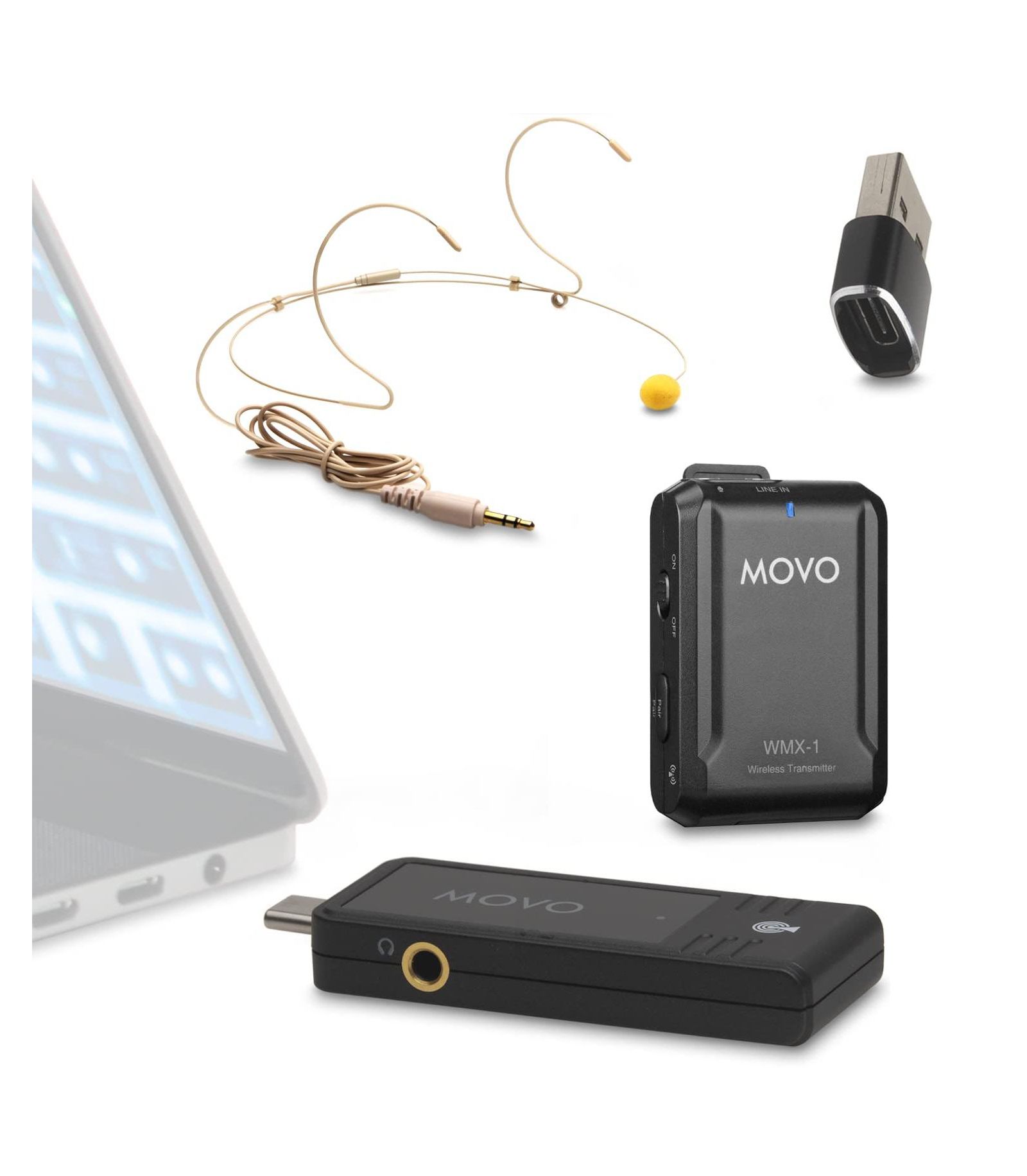 Movo Wmx-1-Uh Wireless USB-C Plug-and-Play Headset Microphone for USB-C and USB-A Devices