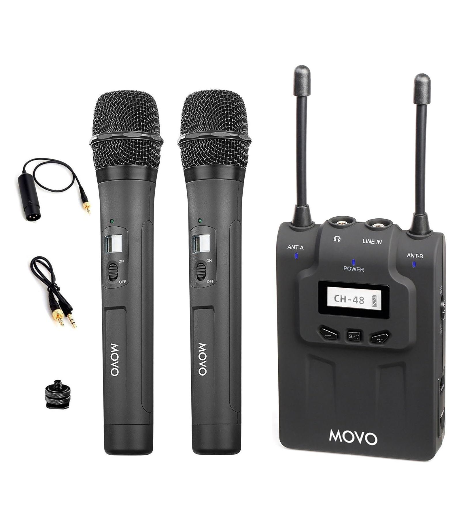 Movo WMIC80 UHF Wireless Handheld Microphone System with 2 Handheld Mics with integrated Transmitters, Portable Receiver, and Shoe Mount for DSLR