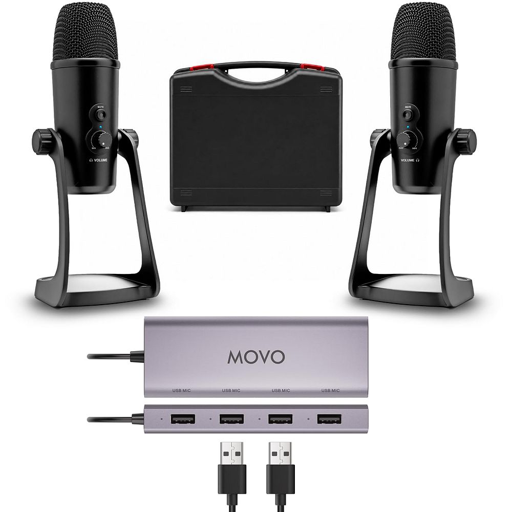 Movo 2-Person USB Podcast Bundle - 2 Condenser Mics, and USB Hub