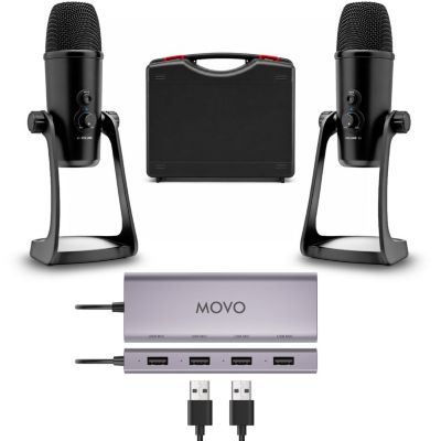 Movo 2-Person USB Podcast Bundle - 2 Condenser Mics, and USB Hub