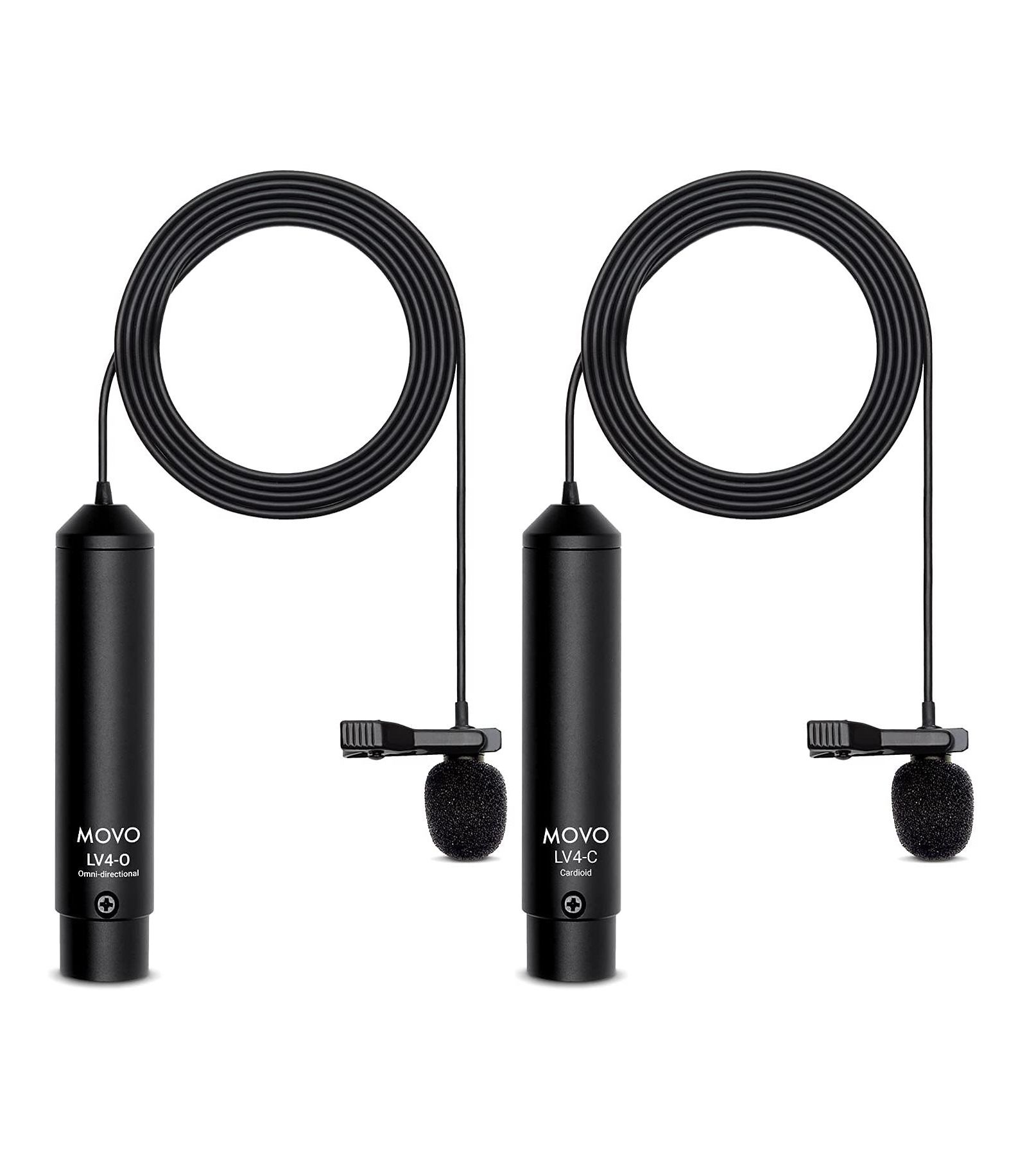 Movo LV4 Phantom Power XLR Lavalier Microphone Interview Kit with Omnidirectional and Cardioid XLR Lapel Mics, Metal Clips and Windscreens