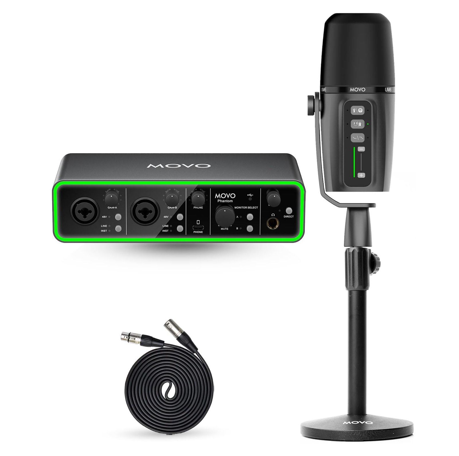 Movo Phantom UM6 USB Audio Interface with XLR/USB-C Dynamic Microphone Bundle for PC/Mac