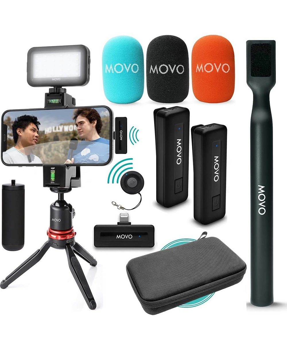 Movo iVlogger Wireless Vlogging Kit for iPhone with Dual Wireless Lavalier Microphone, Tripod, Phone Mount, LED Light, Wireless Remote, and WHX-HM