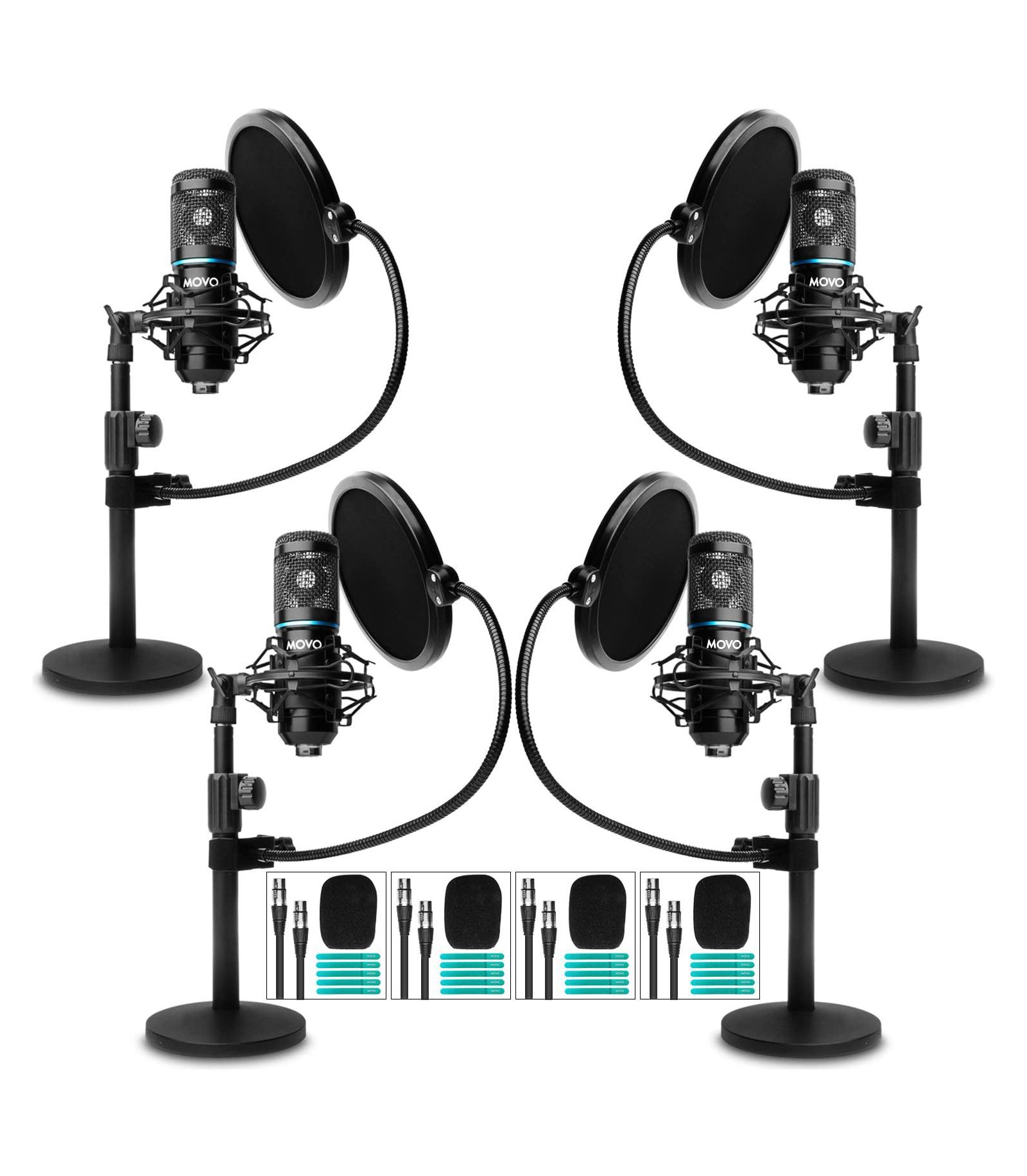 Movo Podcasting microphone bundle 4-pack с подставкой и поп-фильтром для XLR