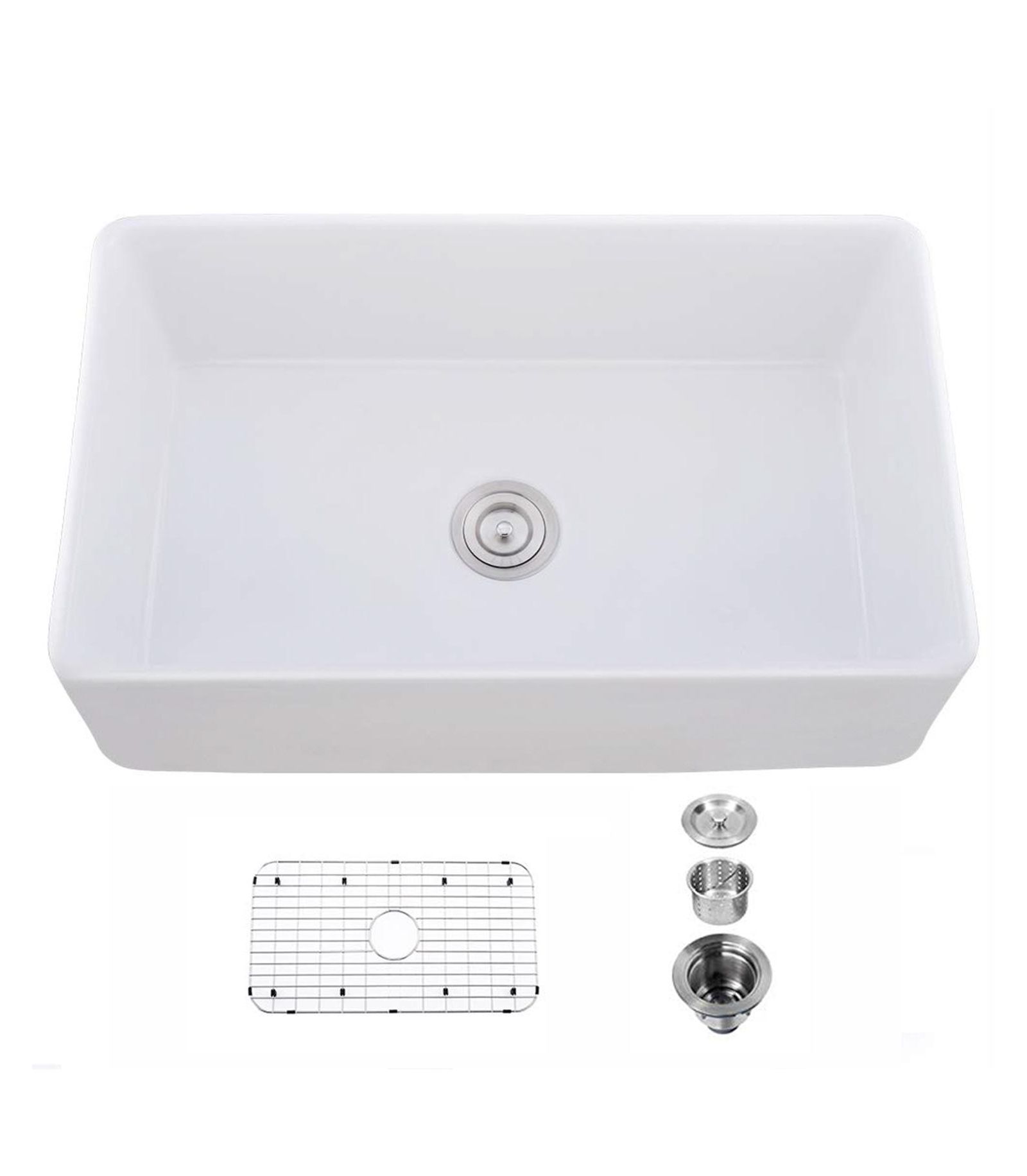 Flynama White Ceramic Farmhouse Kitchen Sink, Single Basin, Apron Front, Heat & Stain Resistant with Basket Strainer, 33" x 20" x 10"