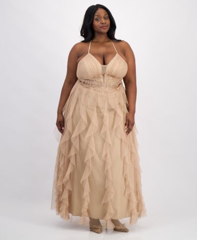 pear culture Trendy Plus Size Glitter-Mesh Lace-Up-Back Gown