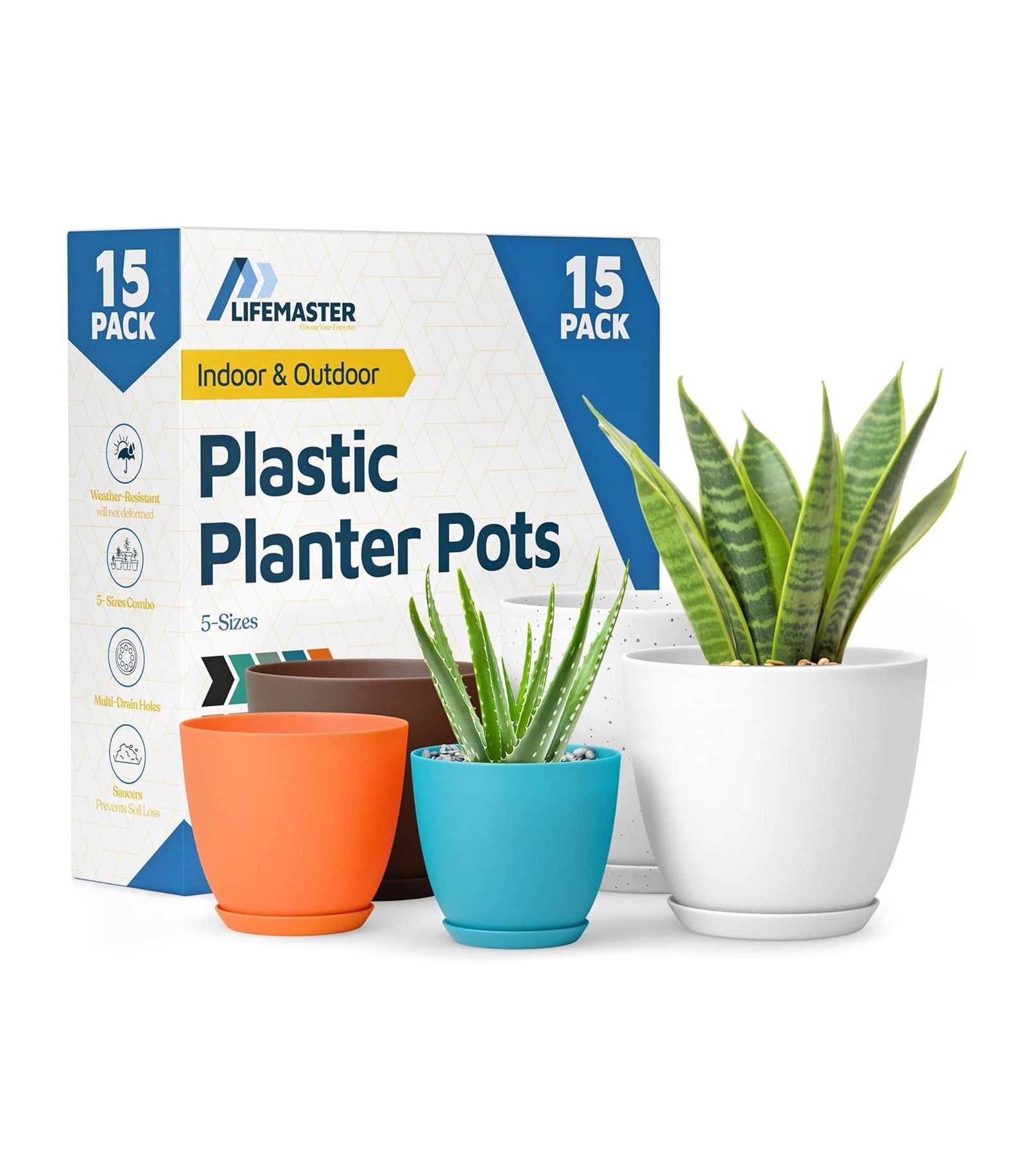 Lifemaster Multicolor Plant Pots 15 Pack with Drainage Holes & Saucers Indoor & Outdoor Planters for Houseplants & Flowers, Durable & Weatherproof