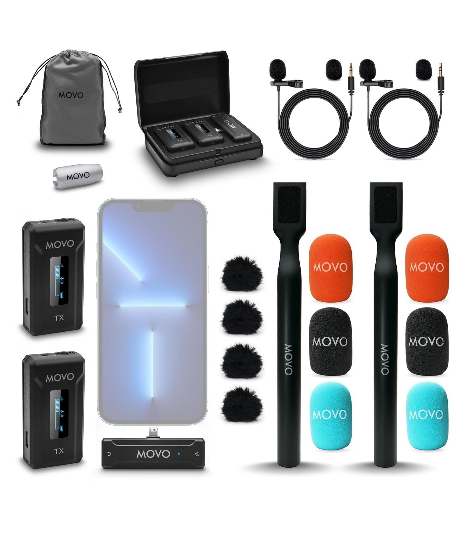 Movo WMX-2-L-Duo Dual Wireless Lavalier Microphone for iPhone/Lightning Devices with WMX-HM Handheld Adapter - Lapel Mic with Handle Mount