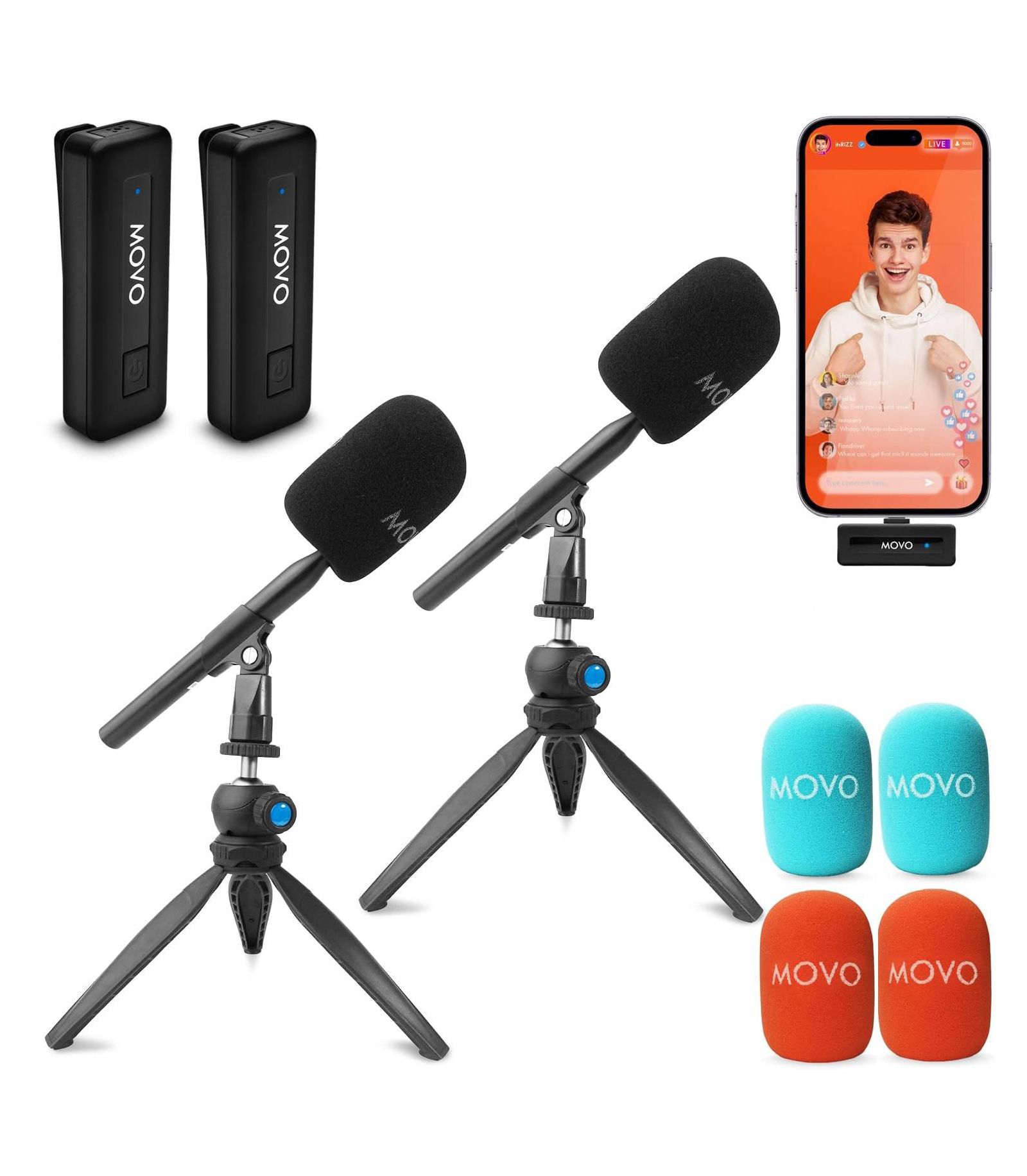 Movo Wireless Mini DI-Duo Wireless Microphone for iPhone Podcast Equipment Bundle with WMX-HM Handle/Desktop Mic Stand - Wireless iPhone Mics