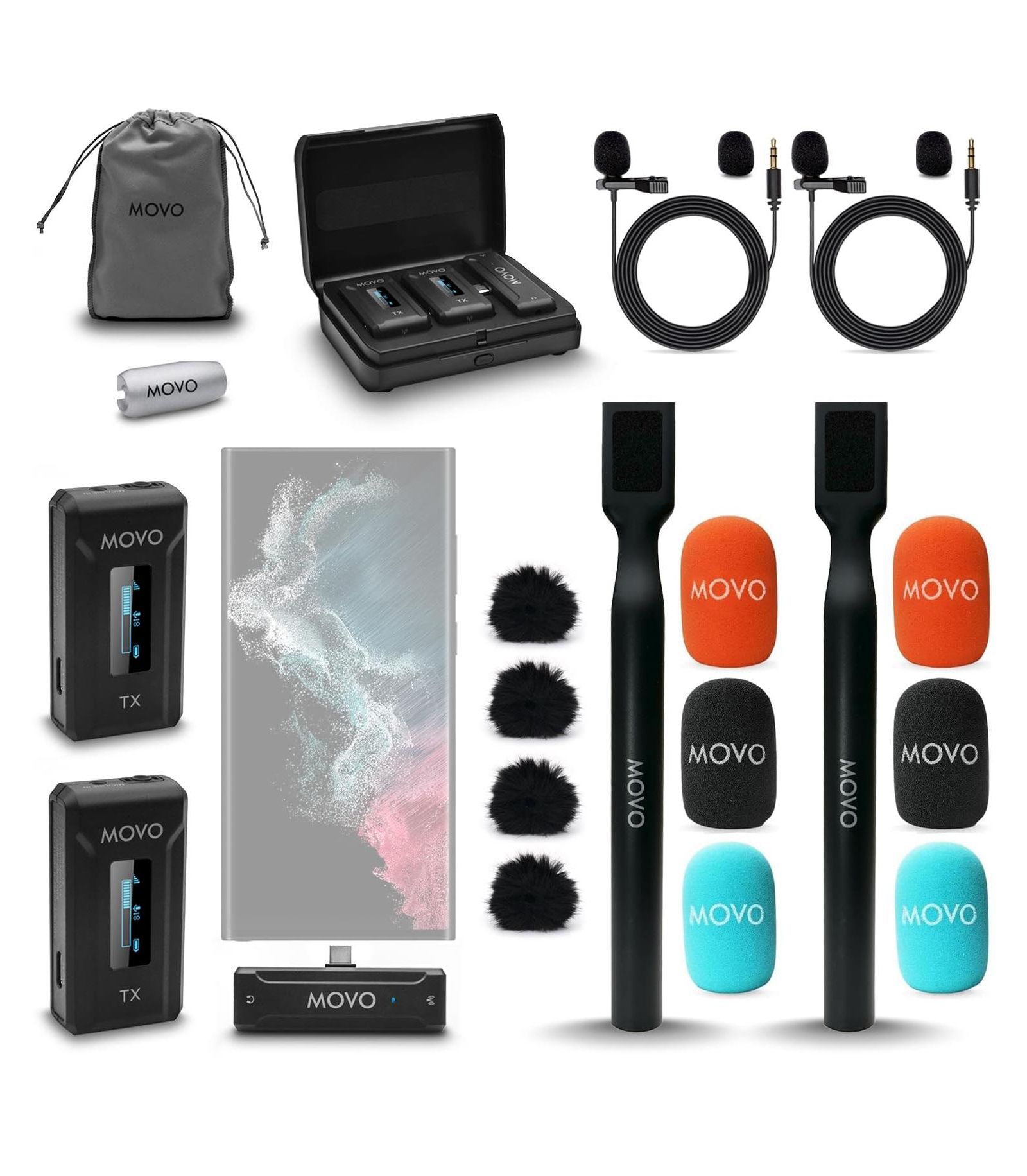 Movo WMX-2-C-DUO Dual USB-C Wireless Lavalier Microphone for iPhone 15/Android/USB C Devices with WMX-HM Handheld Adapter - Lapel Mic with Handle