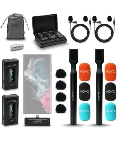 Movo WMX-2-C-DUO двухканальный беспроводной петличный микрофон с USB-C для iPhone 15/Android/устройств с USB-C, с ручным адаптером WMX-HM — петличный микрофон с ручкой