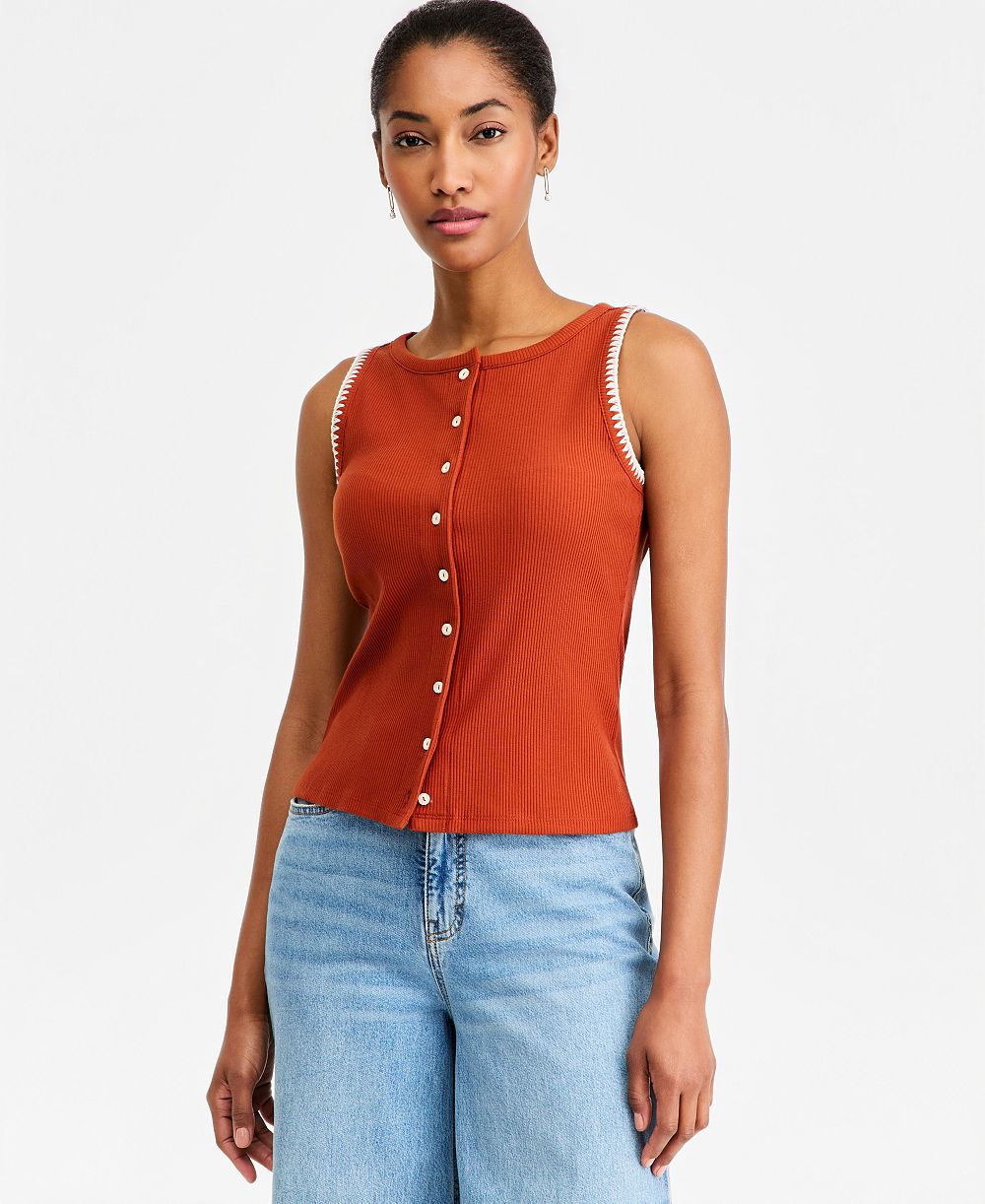 On 34th Women's Sleeveless Rib-Knit Whipstitch Button Front Top, Macy's Exclusive