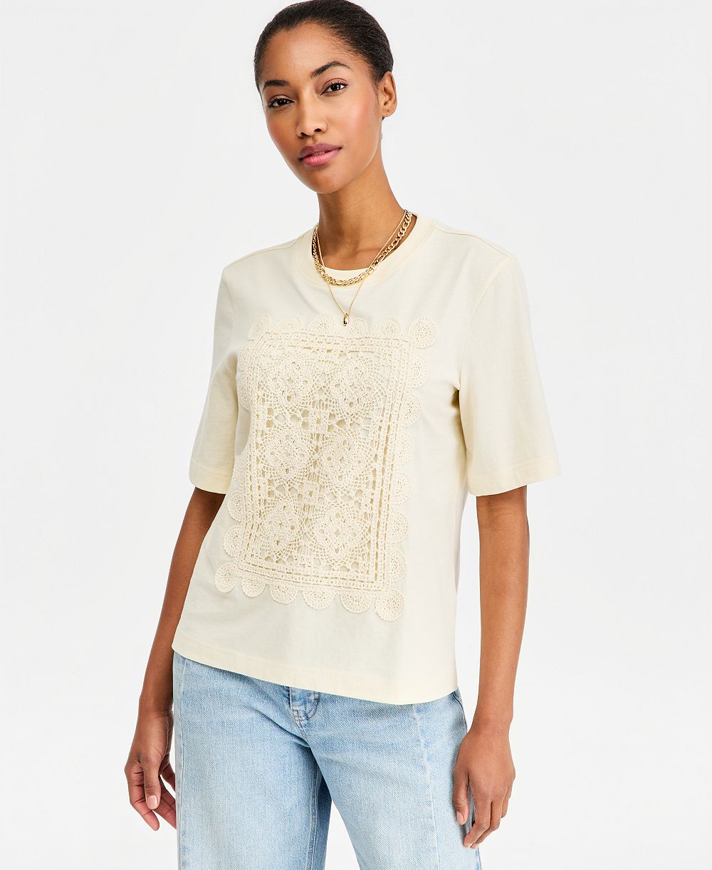 On 34th Women's Oversized Crochet Patch Cotton Jersey T-Shirt, Macy's Exclusive